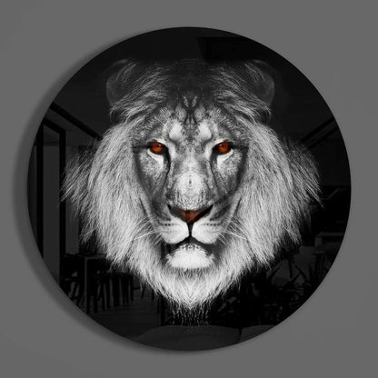 Fierce black and white lion head tempered glass art with glowing red eyes