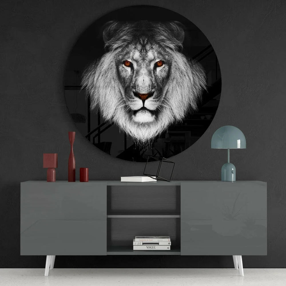 Fierce black and white lion tempered glass art with glowing red eyes