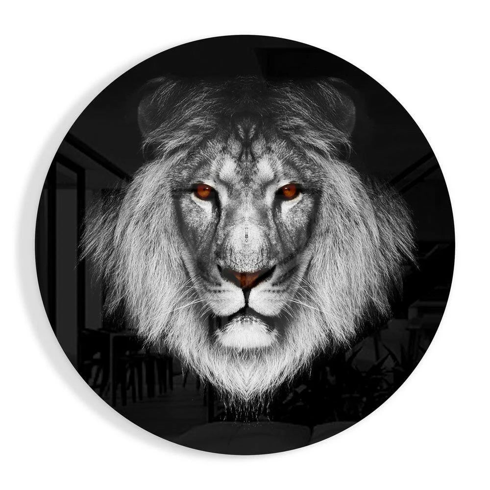 Fierce black and white lion head tempered glass art with glowing red eyes