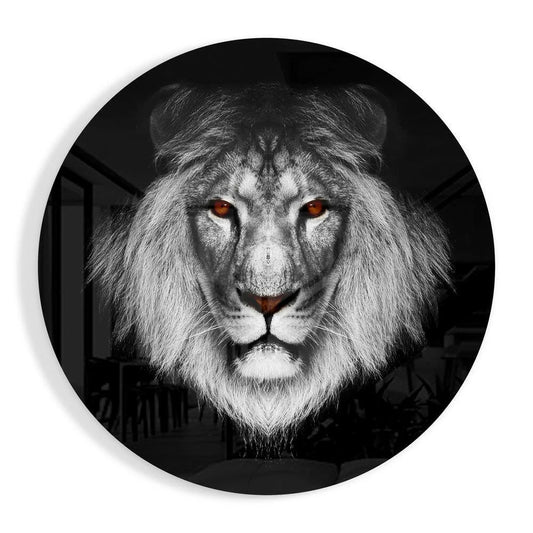 Fierce black and white lion head tempered glass art with glowing red eyes