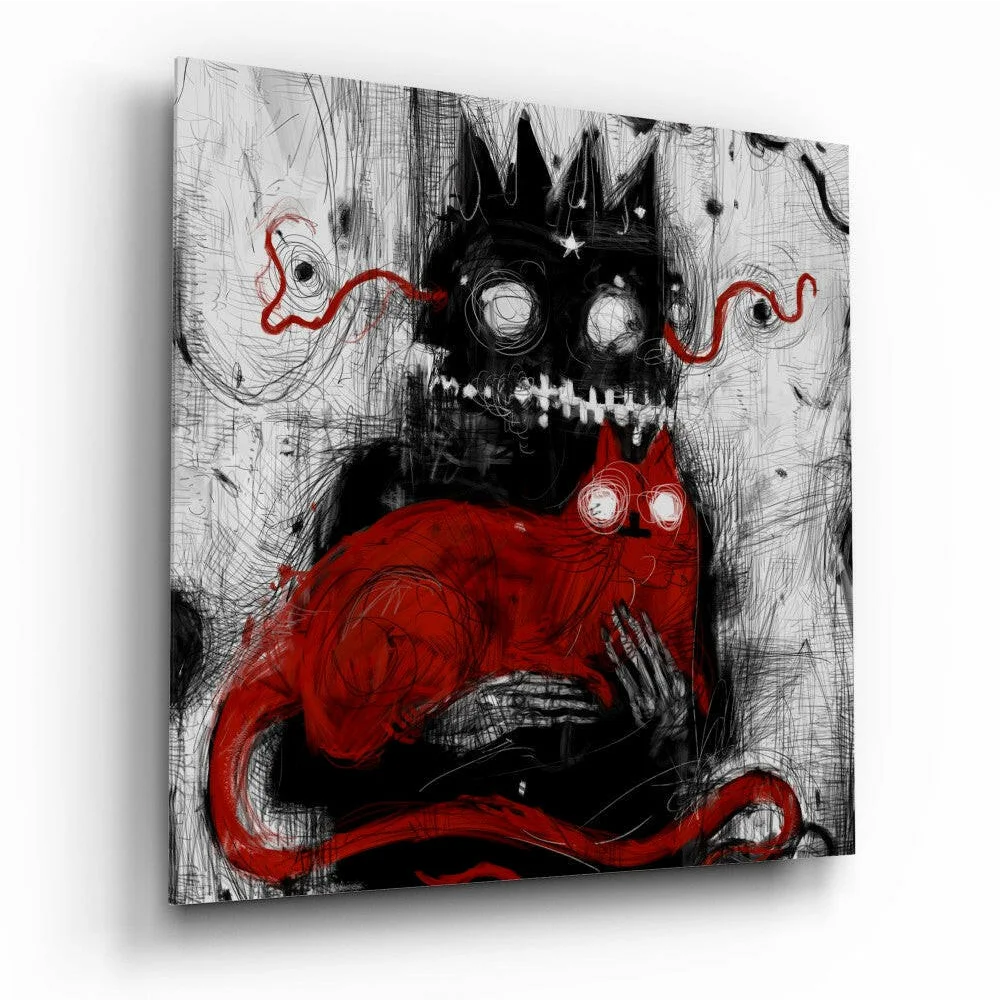 Fierce red demon cat figurine wall art with glowing eyes