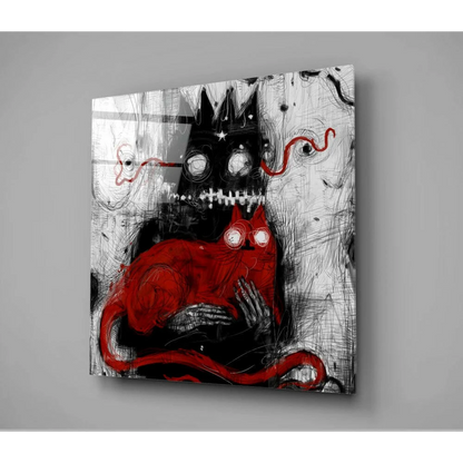 Fierce red demon wall art with crown, glowing eyes, black white accents