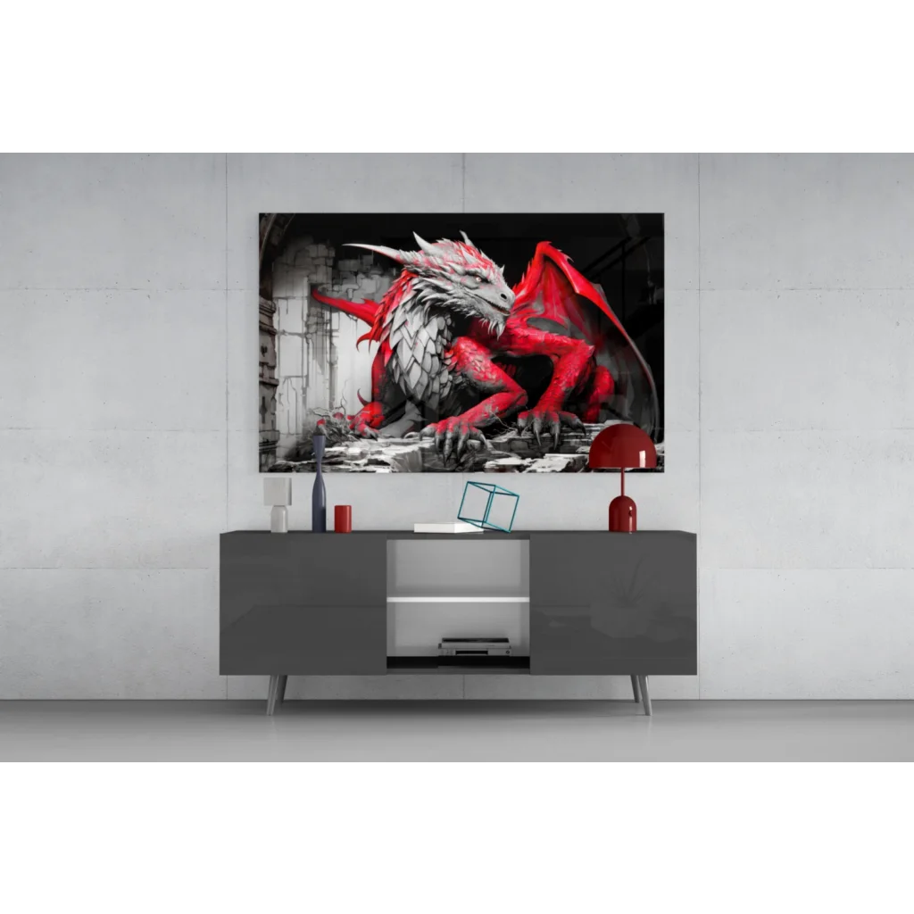 Fierce red dragon wall art on glossy black and white background