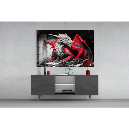 Fierce red dragon wall art on glossy black and white background