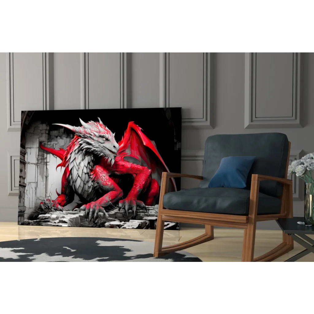 Fierce red dragon canvas wall art print on black and white background