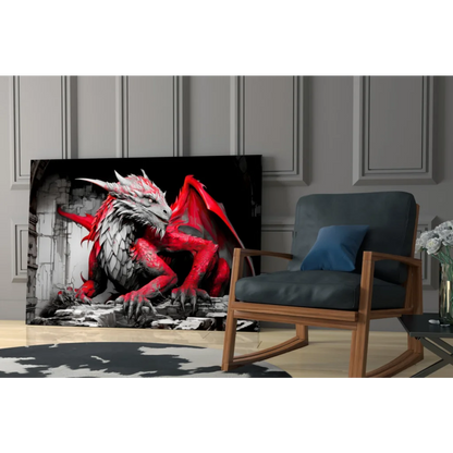 Fierce red dragon canvas wall art print on black and white background