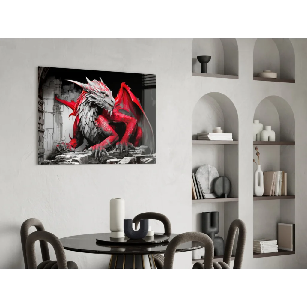 Fierce red dragon canvas wall art with intricate details on black and white background