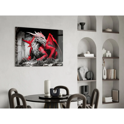 Fierce red dragon canvas wall art with intricate details on black and white background