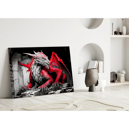 Fierce red dragon canvas wall art on black and white background, modern design