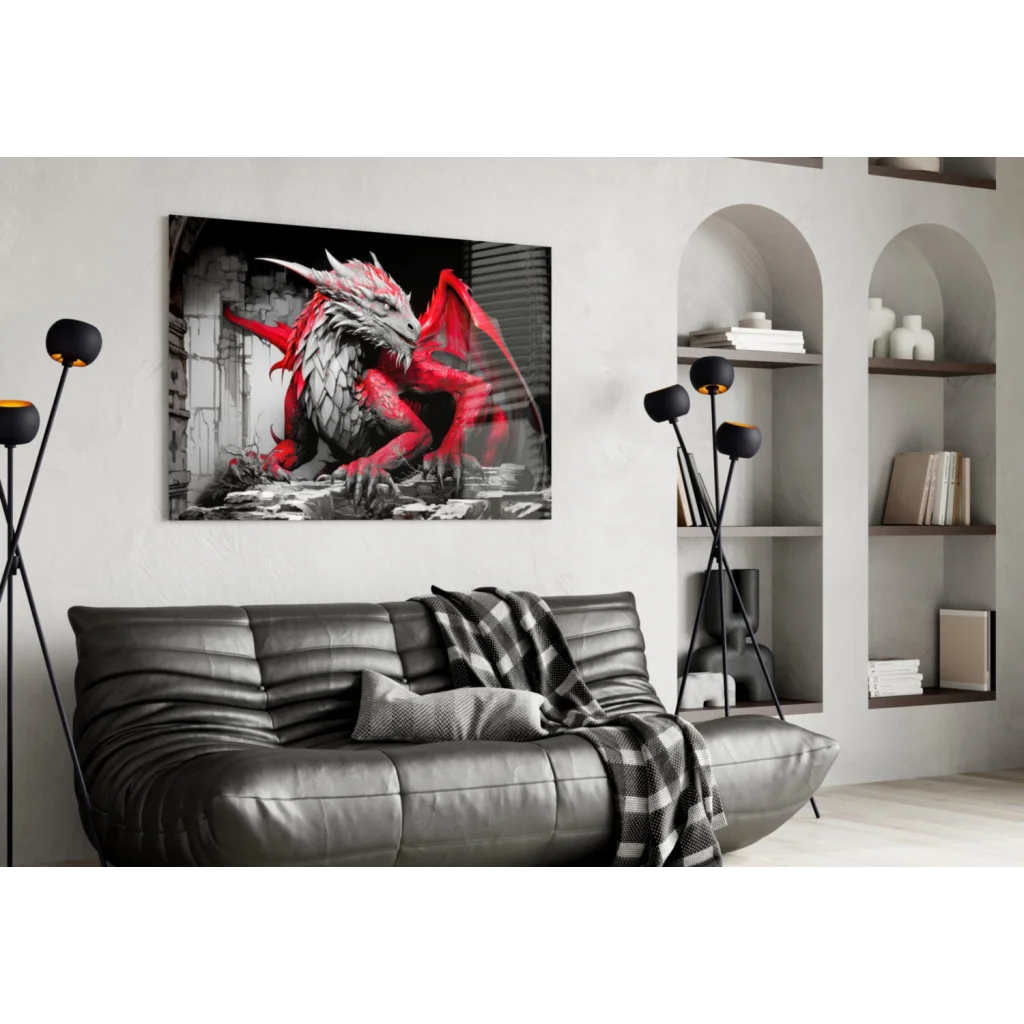 Fierce red dragon canvas wall art print with black and white details for modern spaces
