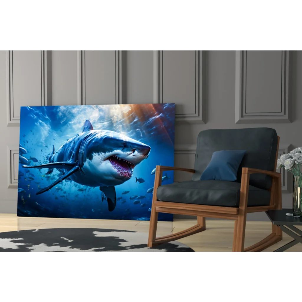 Vibrant great white shark canvas wall art in ocean blues