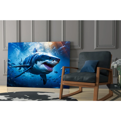 Vibrant great white shark canvas wall art in ocean blues