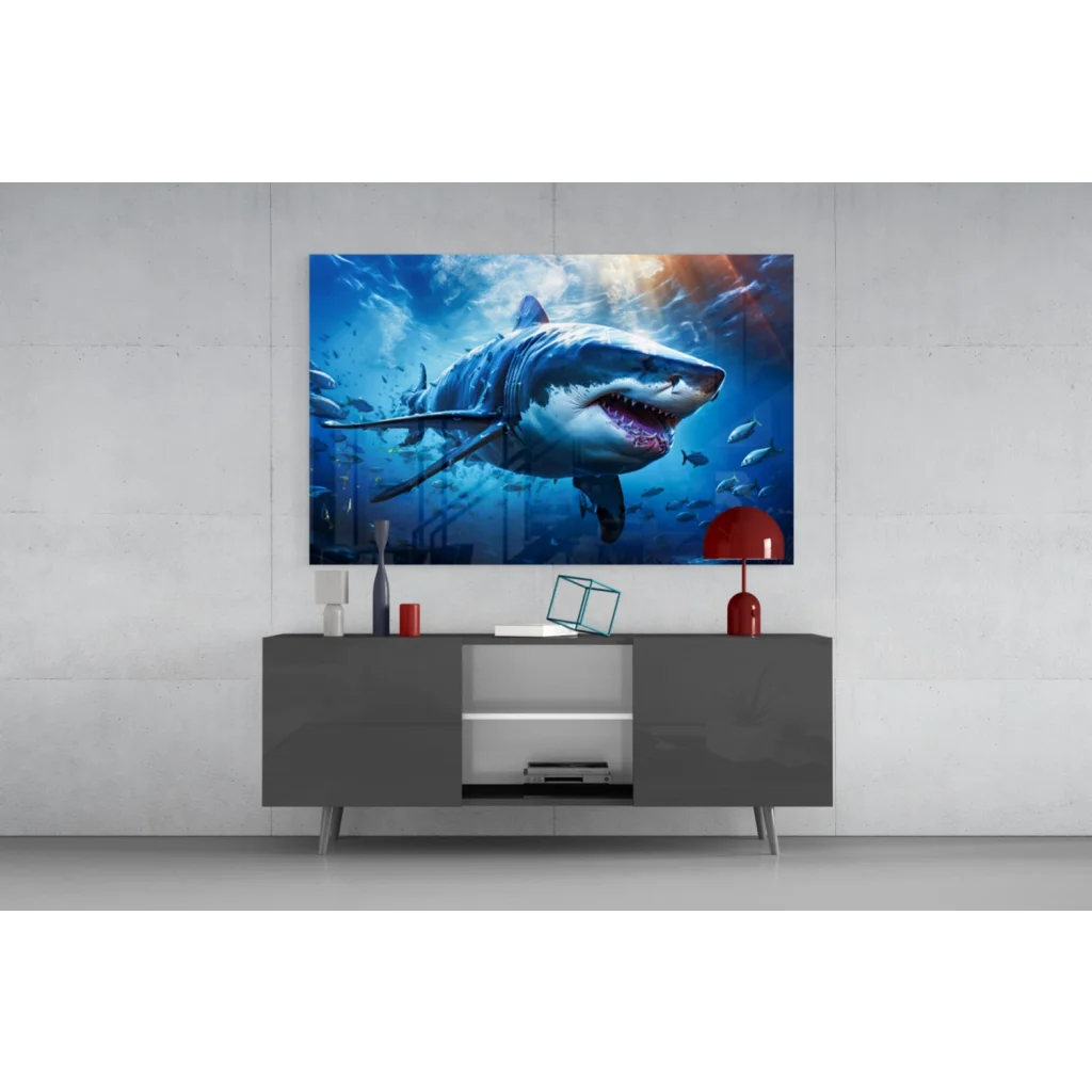 Vibrant shark scene on 4K UHD TV glass wall art with silver frame