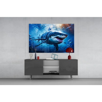 Vibrant shark scene on 4K UHD TV glass wall art with silver frame