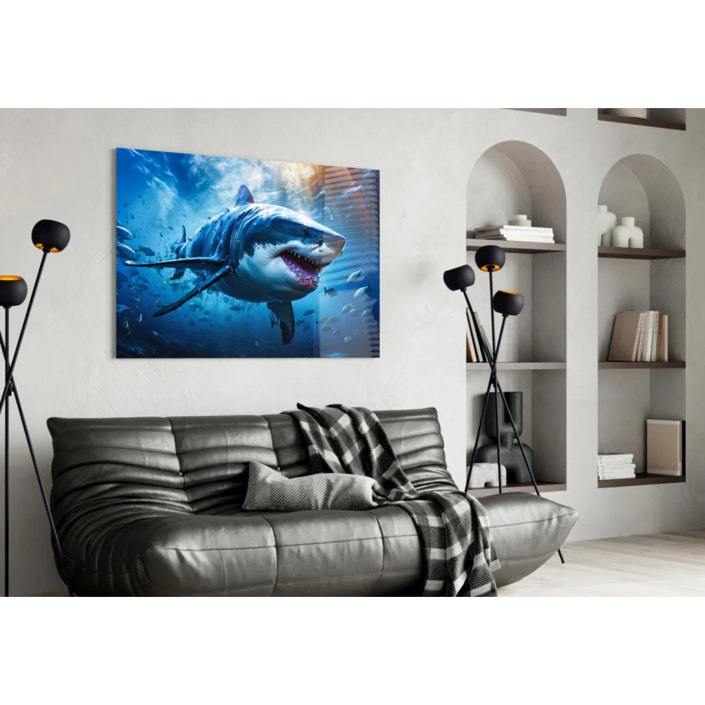 Fierce shark canvas wall art print in vivid ocean blues