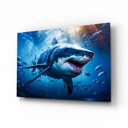 Fierce shark wall art canvas print with open mouth, sharp teeth, vivid ocean blues
