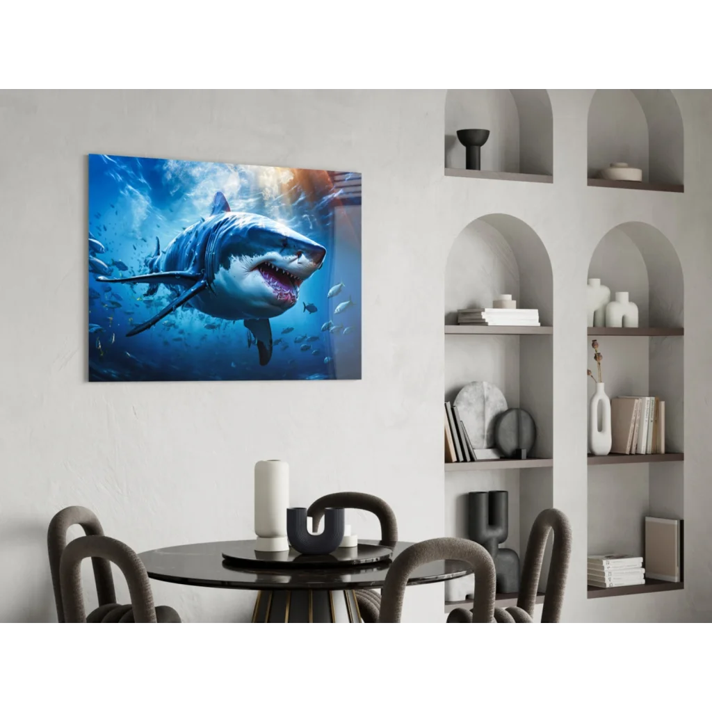 Vibrant great white shark wall art print in ocean blues