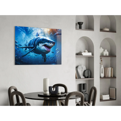 Vibrant great white shark wall art print in ocean blues