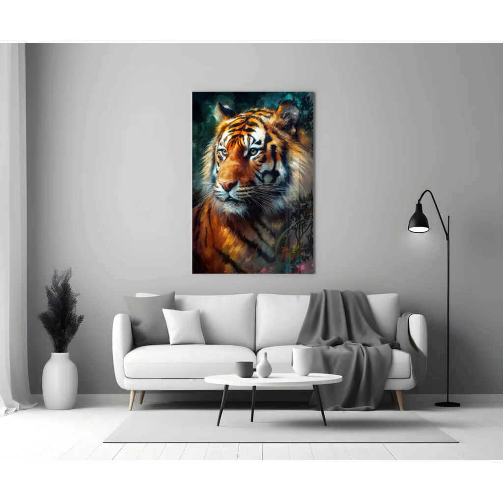 Fierce tiger canvas wall art with bold orange and black stripes