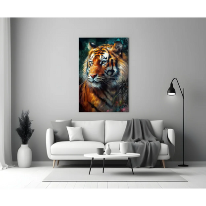 Fierce tiger canvas wall art with bold orange and black stripes