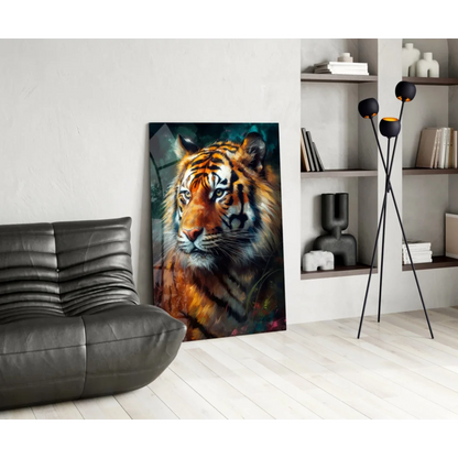 Fierce tiger canvas wall art print with bold orange and black stripes