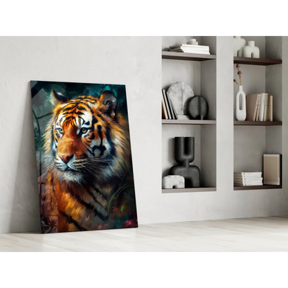 Vibrant tiger canvas wall art with bold orange and black stripes
