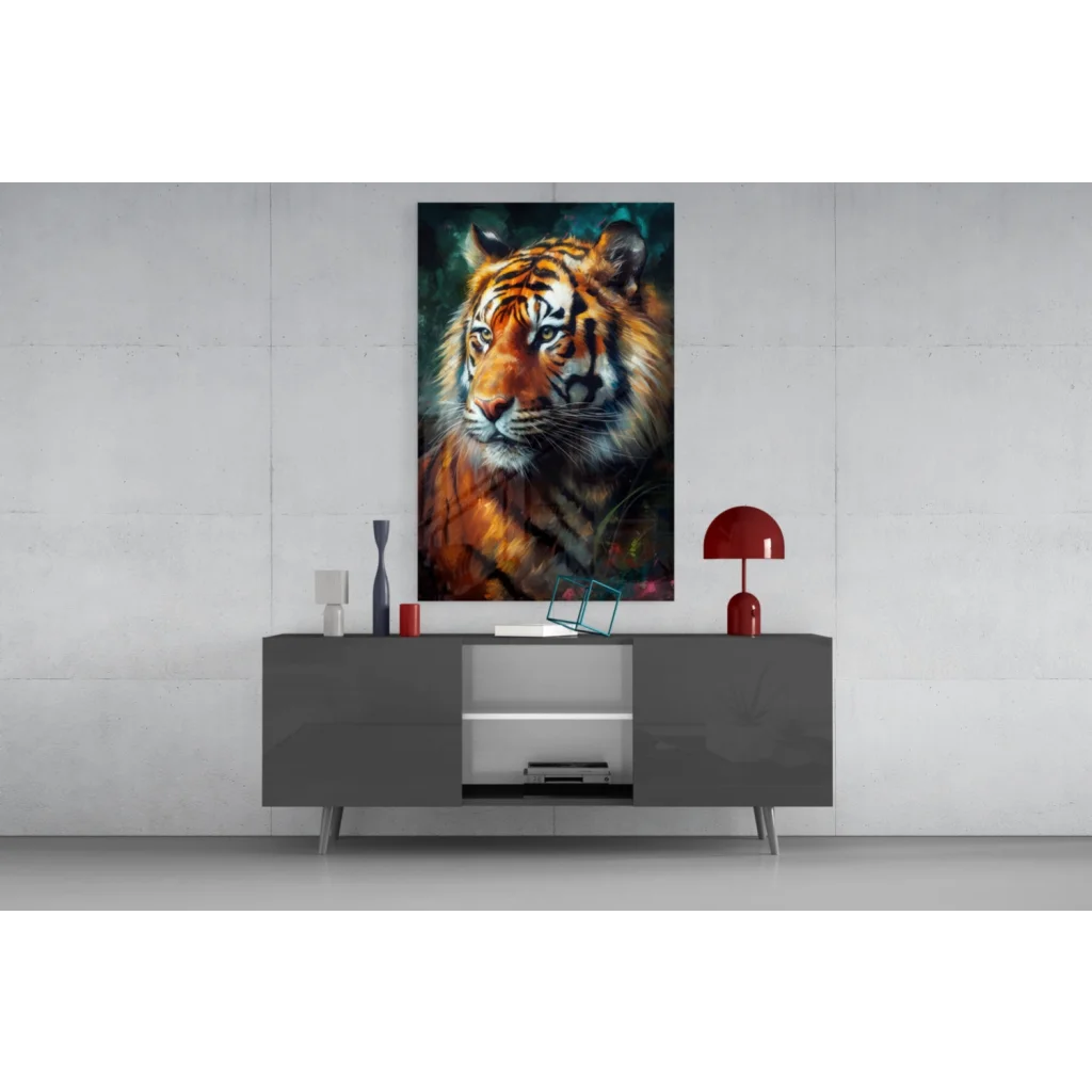 Fierce tiger canvas wall art with bold orange stripes in black frame