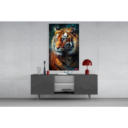 Fierce tiger canvas wall art with bold orange stripes in black frame
