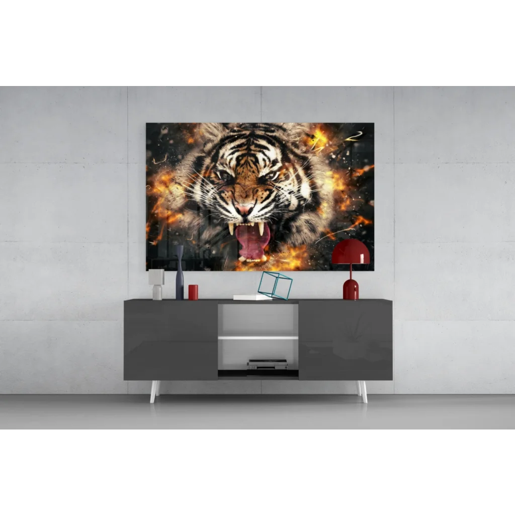 Fierce Tiger Explosion glass wall art with Samsung QLED TV display