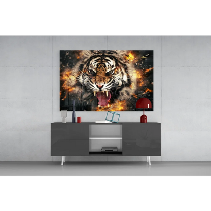 Fierce Tiger Explosion glass wall art with Samsung QLED TV display