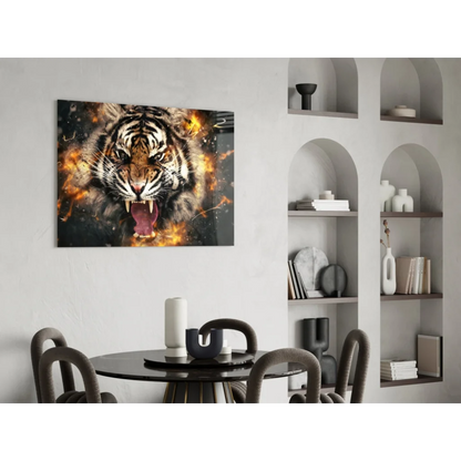 Fierce Tiger Explosion canvas wall art with fiery orange flames on black