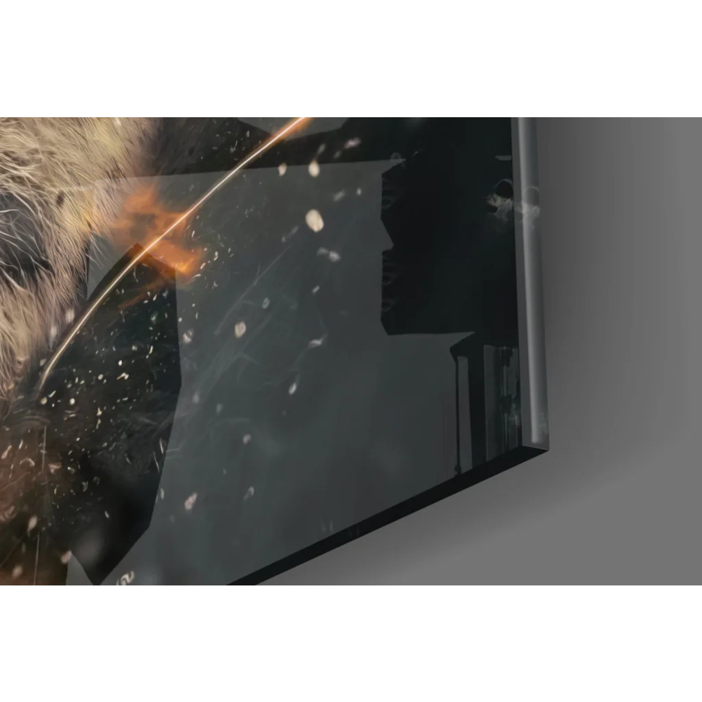 Fierce Tiger Explosion black leather wallet chain with gold accents and silver skull charm wall art