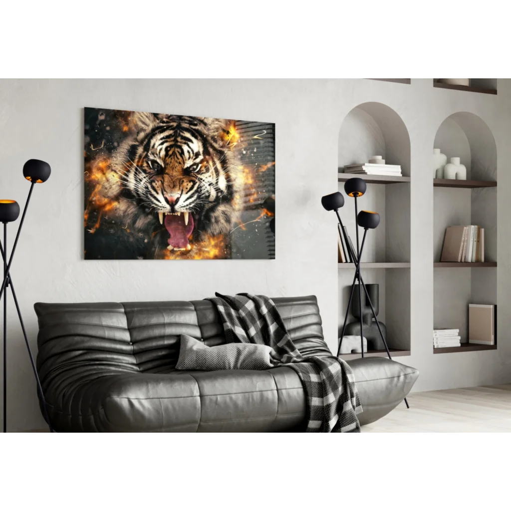 Fierce Tiger Explosion wall art with black leather sofa and plaid pillow