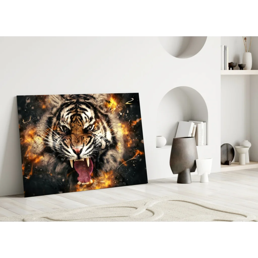 Fierce Tiger Explosion canvas wall art with fiery background