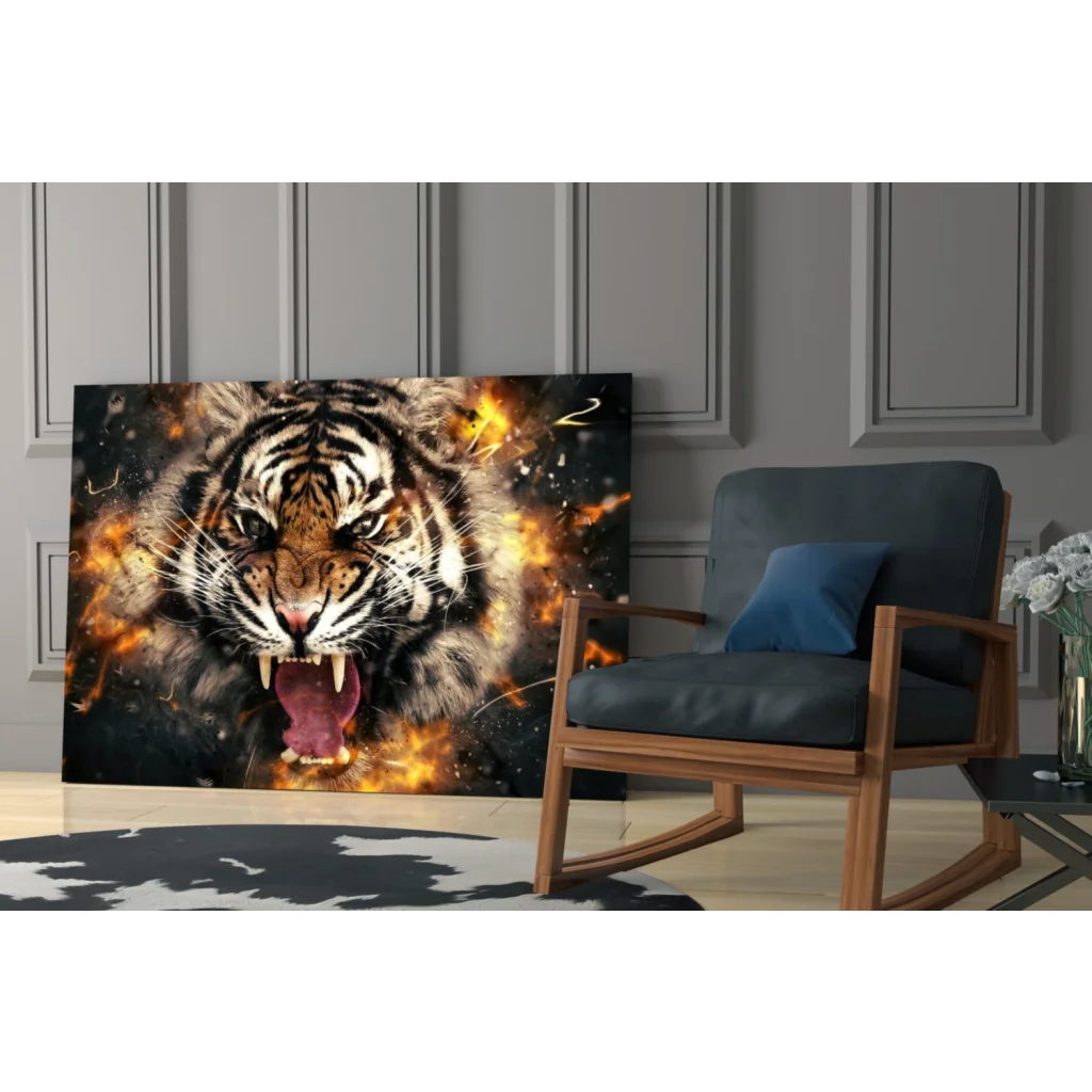 Fierce Tiger Explosion canvas wall art print with fiery orange flames on black background