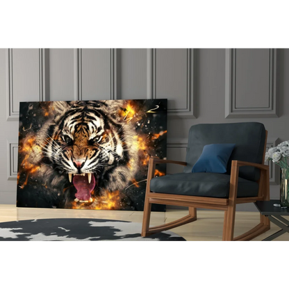 Fierce Tiger Explosion canvas wall art print with fiery orange flames on black background