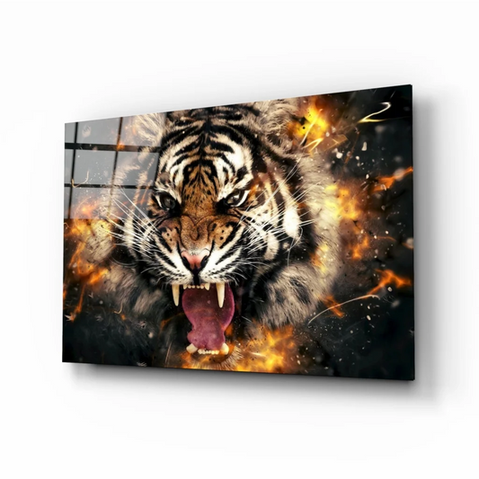 Fierce Tiger Explosion canvas wall art print with fiery black orange design