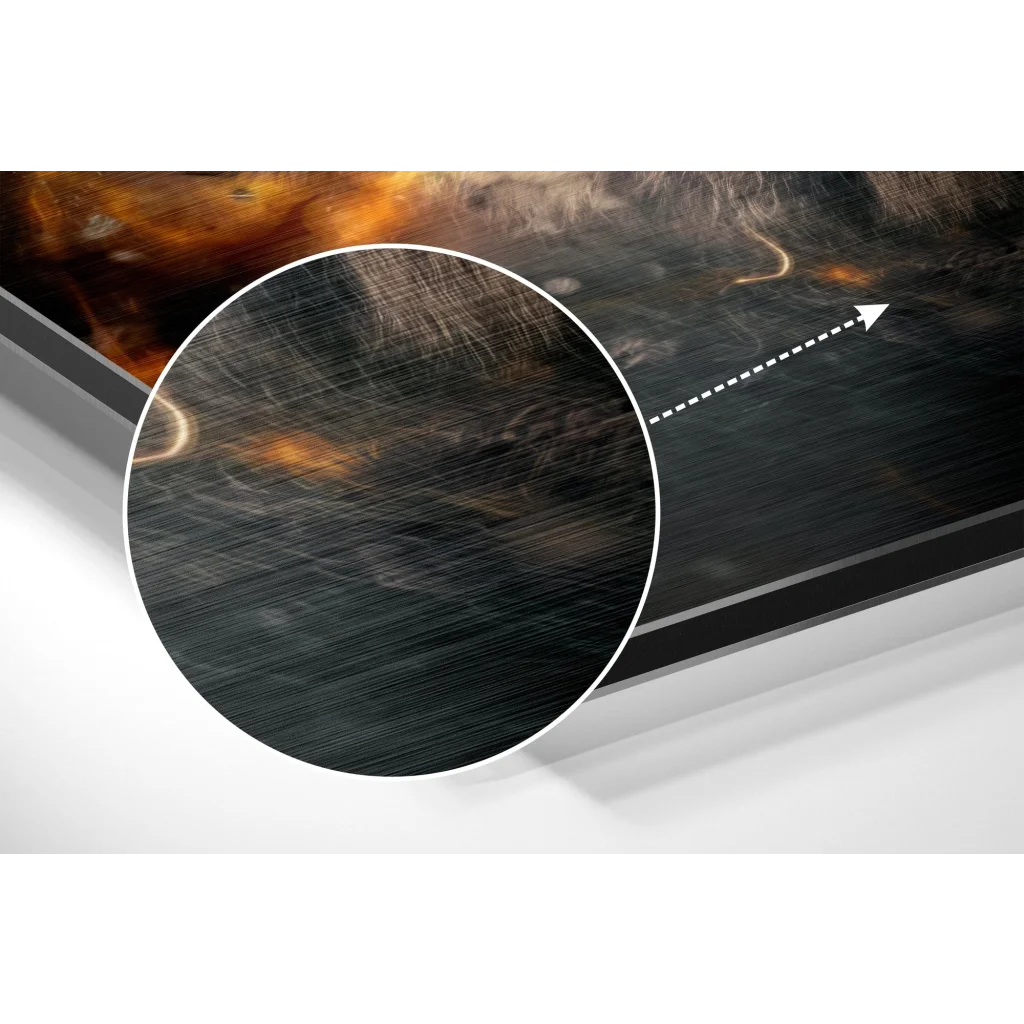 Close-up of sleek brushed aluminium dibond frame for Fierce Tiger Flames wall art
