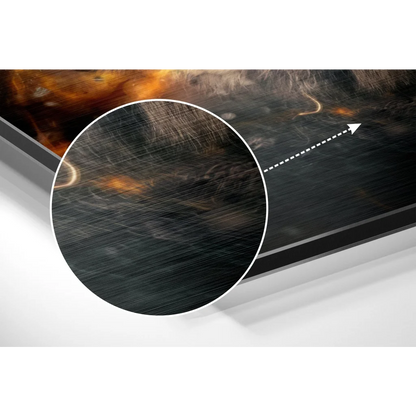 Close-up of sleek brushed aluminium dibond frame for Fierce Tiger Flames wall art