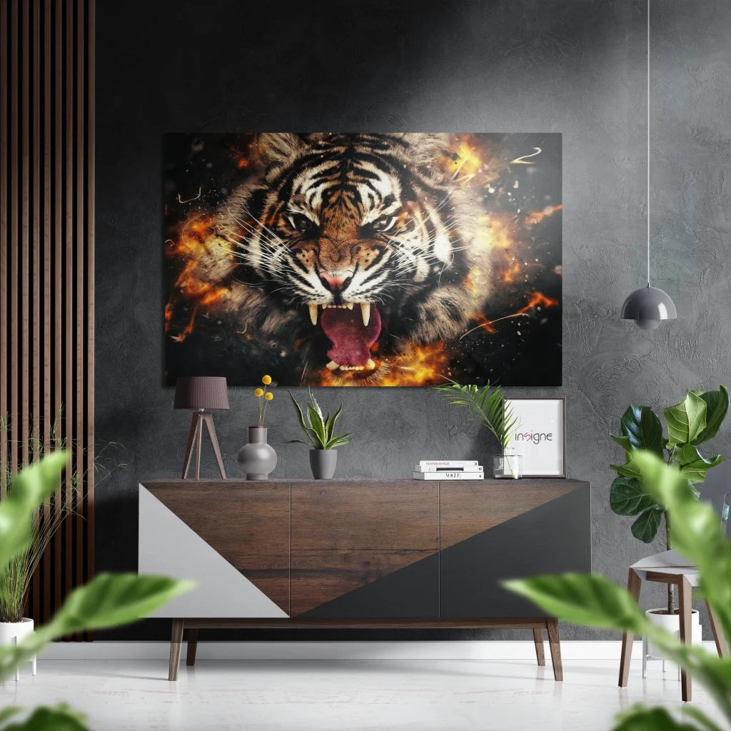 Fierce tiger flames on brushed aluminium dibond wall art print