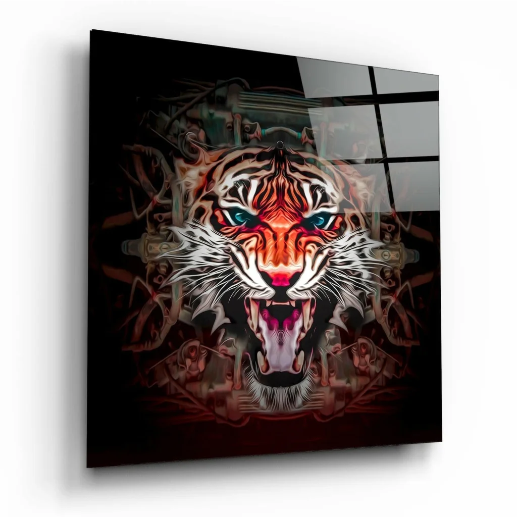 Fierce Tiger Glass Wall Art with Glowing Red and Blue Eyes