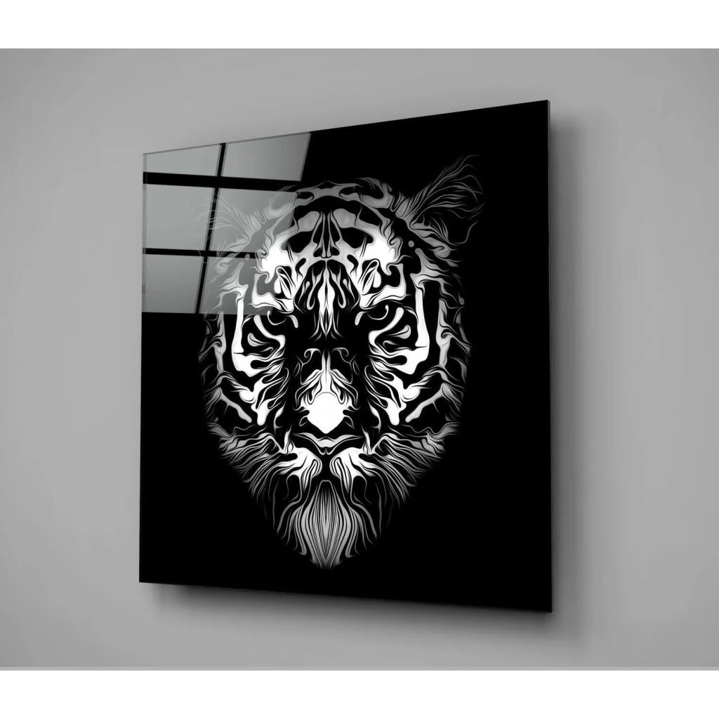 Fierce black and white tiger head glass wall art