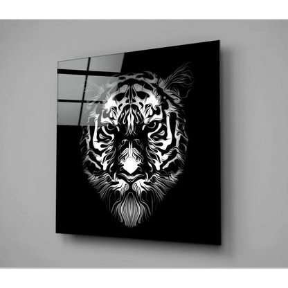 Fierce black and white tiger head glass wall art