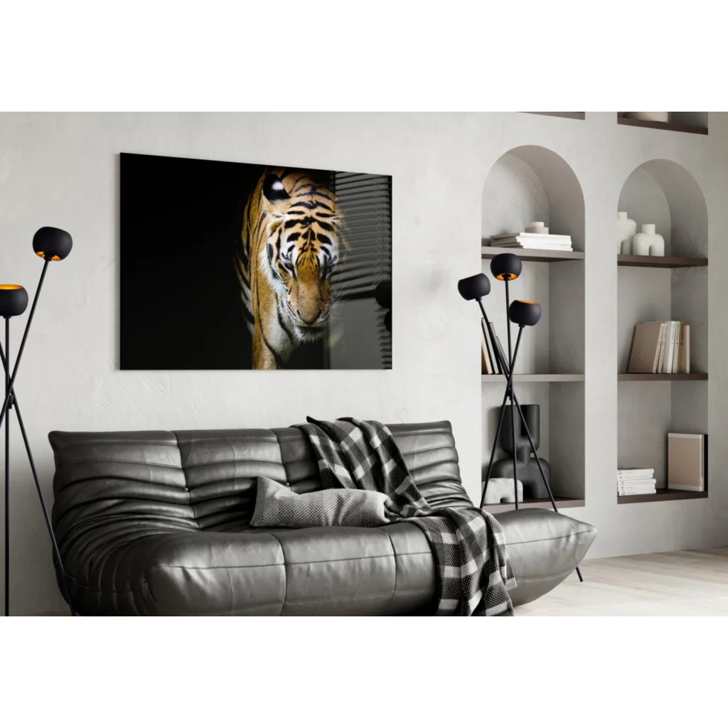 Fierce black-and-orange tiger portrait on tempered glass art