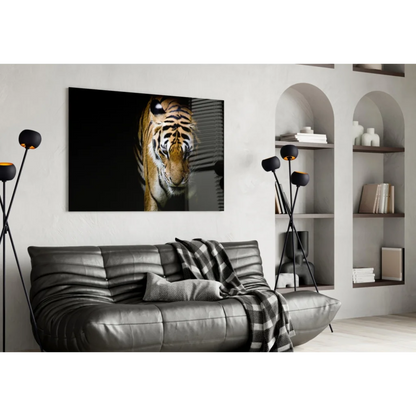 Fierce black-and-orange tiger portrait on tempered glass art