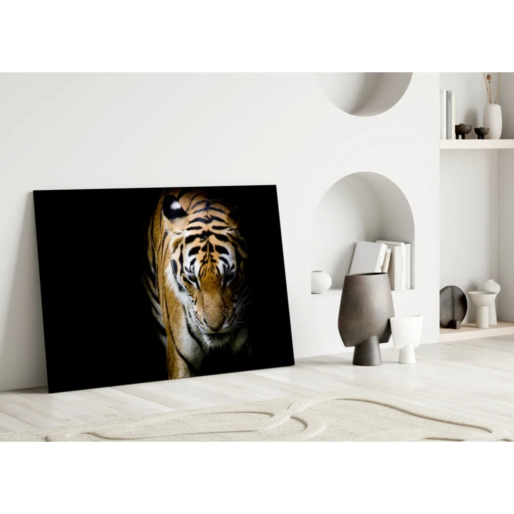 Fierce tiger tempered glass art with bold orange stripes on black background