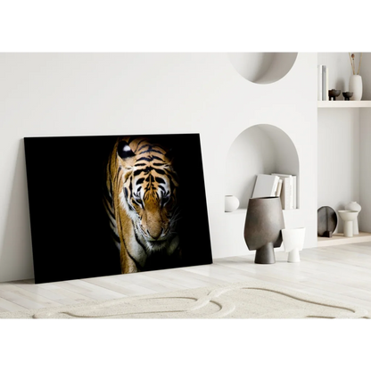 Fierce tiger tempered glass art with bold orange stripes on black background