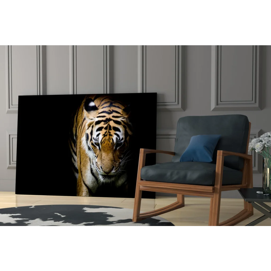 Fierce tiger tempered glass art with bold orange stripes, size comparison