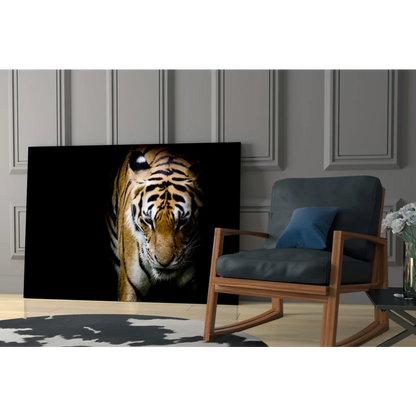 Fierce tiger tempered glass art with bold orange stripes, size comparison