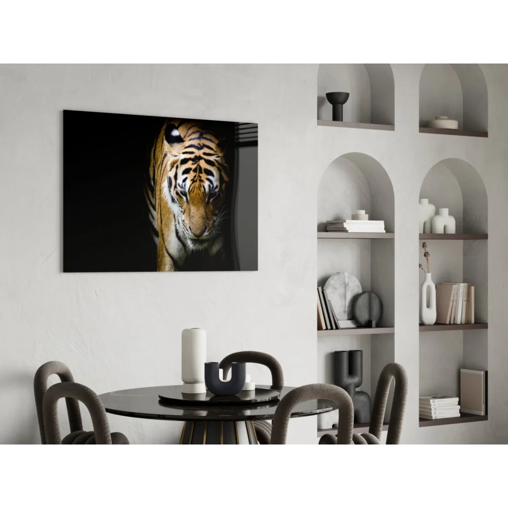 Striking black-and-white tiger face glass art on tempered glass with bold orange stripes